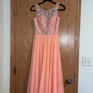 Salmon colored jeweled top prom dress, mesh top low cut back.